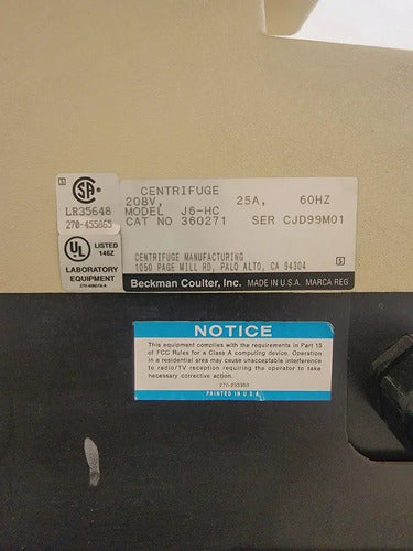 Centrifugadora Beckman Coulter J6-hc 208v 25a Modelo 360271 60hz